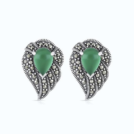 [EAR04MAR00GAGA461] Sterling Silver 925 Earring Embedded With Natural Green Agate And Marcasite Stones