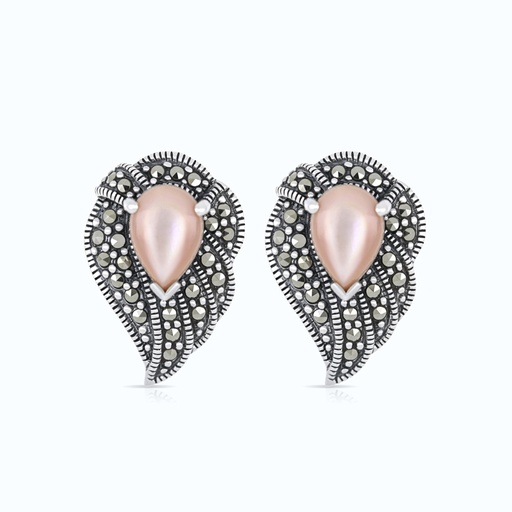 [EAR04MAR00PNKA461] Sterling Silver 925 Earring Embedded With Natural Pink Shell And Marcasite Stones