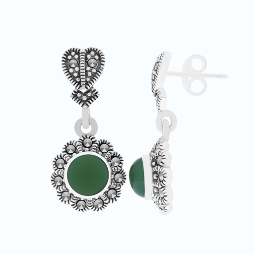 [EAR04MAR00GAGA462] Sterling Silver 925 Earring Embedded With Natural Green Agate And Marcasite Stones