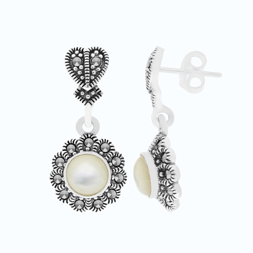 [EAR04MAR00MOPA462] Sterling Silver 925 Earring Embedded With Natural White Shell And Marcasite Stones