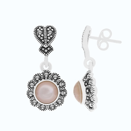 [EAR04MAR00PNKA462] Sterling Silver 925 Earring Embedded With Natural Pink Shell And Marcasite Stones