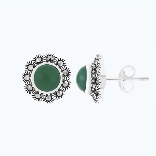 [EAR04MAR00GAGA463] Sterling Silver 925 Earring Embedded With Natural Green Agate And Marcasite Stones