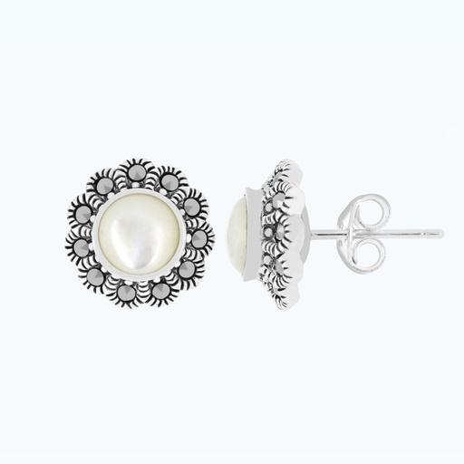 [EAR04MAR00MOPA463] Sterling Silver 925 Earring Embedded With Natural White Shell And Marcasite Stones