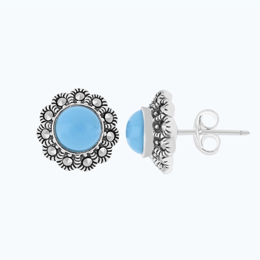 [EAR04MAR00TRQA463] Sterling Silver 925 Earring Embedded With Natural Processed Turquoise And Marcasite Stones