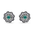 Sterling Silver 925 Earring Embedded With Natural Green Agate And Marcasite Stones