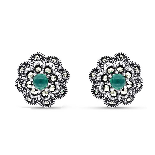 [EAR04MAR00GAGA464] Sterling Silver 925 Earring Embedded With Natural Green Agate And Marcasite Stones