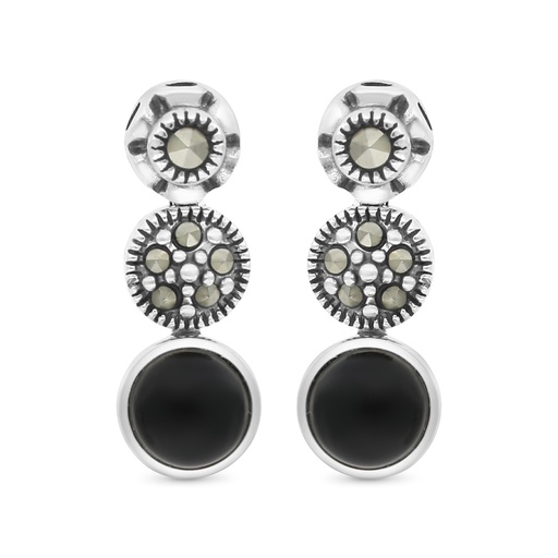 [EAR04MAR00ONXA465] Sterling Silver 925 Earring Embedded With Natural Black Agate And Marcasite Stones