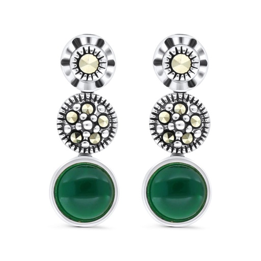 [EAR04MAR00GAGA465] Sterling Silver 925 Earring Embedded With Natural Green Agate And Marcasite Stones