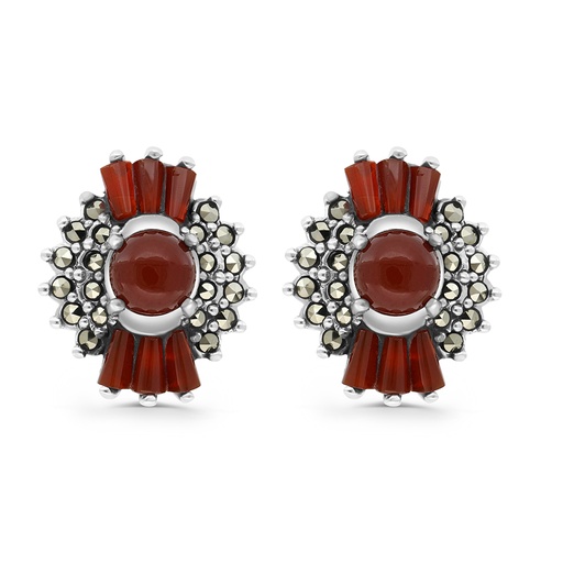 [EAR04MAR00RAGA284] Sterling Silver 925 Earring Embedded With Natural Aqiq And Marcasite Stones