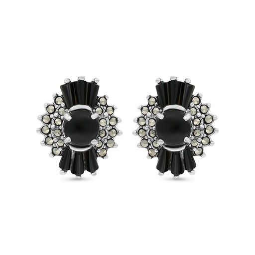 [EAR04MAR00ONXA284] Sterling Silver 925 Earring Embedded With Natural Black Agate And Marcasite Stones