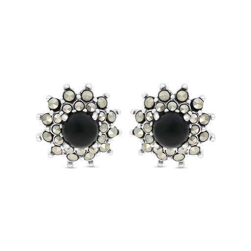 [EAR04MAR00ONXA466] Sterling Silver 925 Earring Embedded With Natural Black Agate And Marcasite Stones