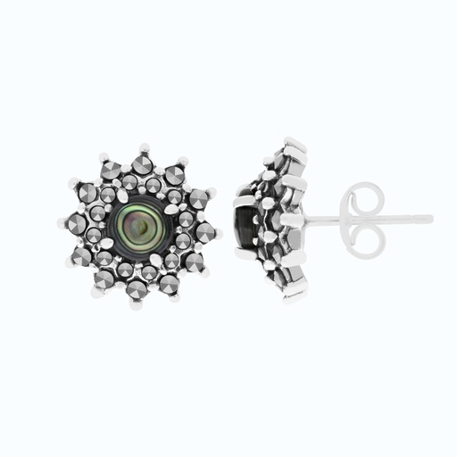 [EAR04MAR00ABAA466] Sterling Silver 925 Earring Embedded With Natural Blue Shell And Marcasite Stones