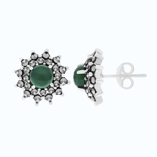 [EAR04MAR00GAGA466] Sterling Silver 925 Earring Embedded With Natural Green Agate And Marcasite Stones