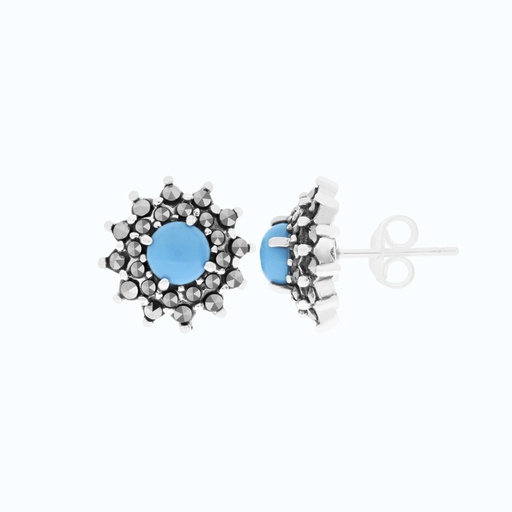 [EAR04MAR00TRQA466] Sterling Silver 925 Earring Embedded With Natural Processed Turquoise And Marcasite Stones