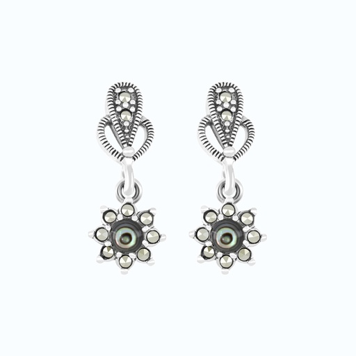 [EAR04MAR00ABAA469] Sterling Silver 925 Earring Embedded With Natural Blue Shell And Marcasite Stones