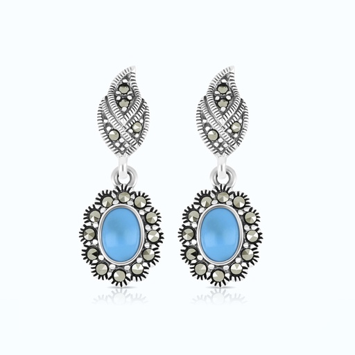 [EAR04MAR00TRQA470] Sterling Silver 925 Earring Embedded With Natural Processed Turquoise And Marcasite Stones