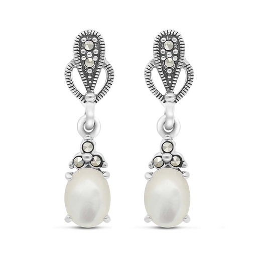 [EAR04MAR00MOPA285] Sterling Silver 925 Earring Embedded With Natural White Shell And Marcasite Stones