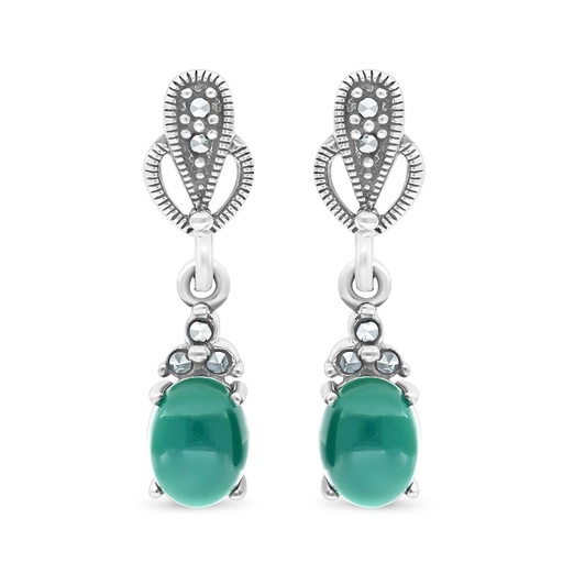 [EAR04MAR00GAGA285] Sterling Silver 925 Earring Embedded With Natural Green Agate And Marcasite Stones