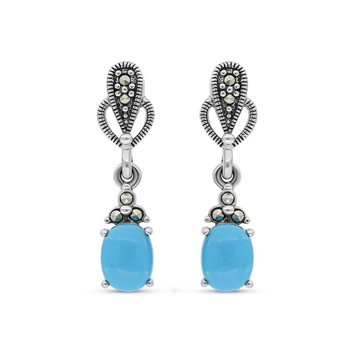 [EAR04MAR00TRQA285] Sterling Silver 925 Earring Embedded With Natural Processed Turquoise And Marcasite Stones