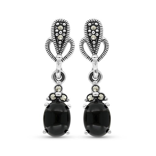 [EAR04MAR00ONXA285] Sterling Silver 925 Earring Embedded With Natural Black Agate And Marcasite Stones