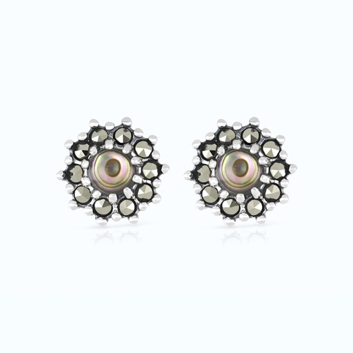 [EAR04MAR00ABAA471] Sterling Silver 925 Earring Embedded With Natural Blue Shell And Marcasite Stones