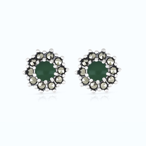 [EAR04MAR00GAGA471] Sterling Silver 925 Earring Embedded With Natural Green Agate And Marcasite Stones