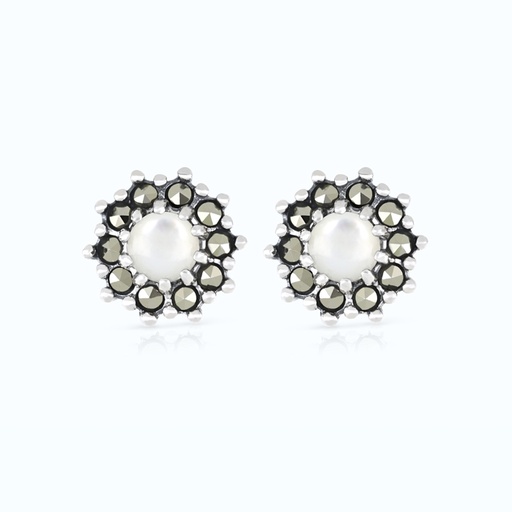 [EAR04MAR00MOPA471] Sterling Silver 925 Earring Embedded With Natural White Shell And Marcasite Stones