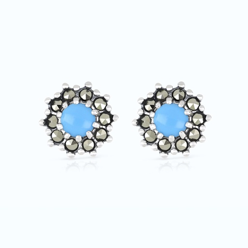 [EAR04MAR00TRQA471] Sterling Silver 925 Earring Embedded With Natural Processed Turquoise And Marcasite Stones