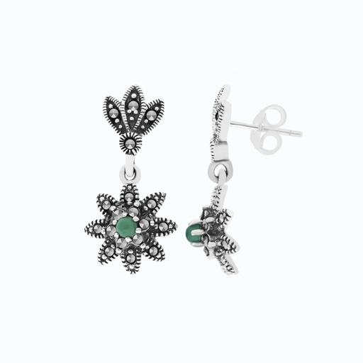 [EAR04MAR00GAGA472] Sterling Silver 925 Earring Embedded With Natural Green Agate And Marcasite Stones