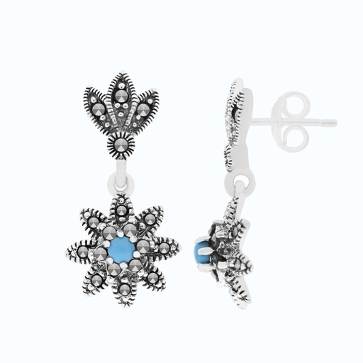 [EAR04MAR00TRQA472] Sterling Silver 925 Earring Embedded With Natural Processed Turquoise And Marcasite Stones