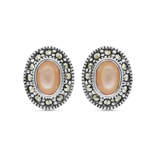 [EAR04MAR00PNKA290] Sterling Silver 925 Earring Embedded With Natural Pink Shell And Marcasite Stones