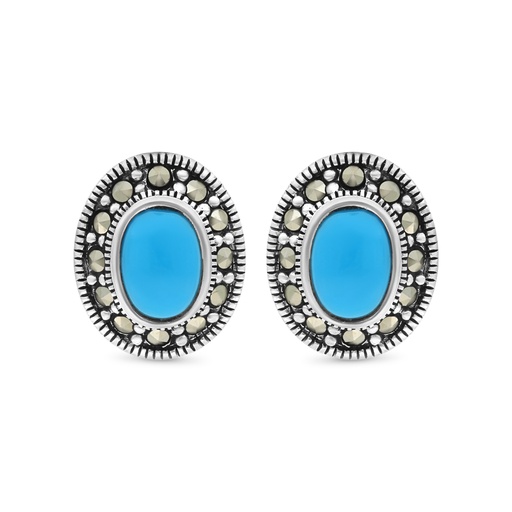 [EAR04MAR00TRQA290] Sterling Silver 925 Earring Embedded With Natural Processed Turquoise And Marcasite Stones