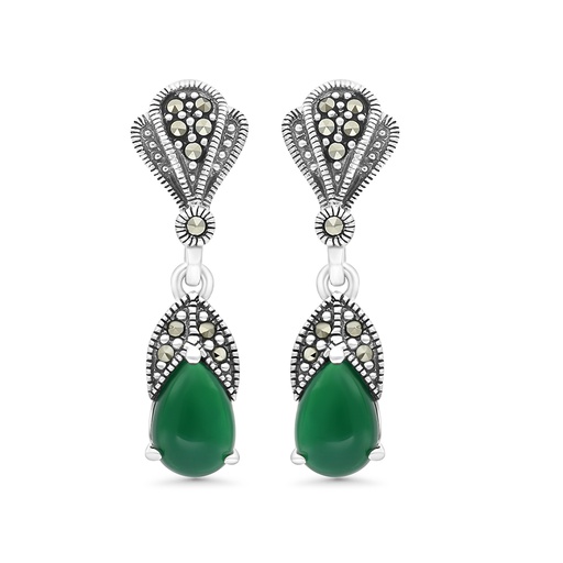 [EAR04MAR00GAGA287] Sterling Silver 925 Earring Embedded With Natural Green Agate And Marcasite Stones