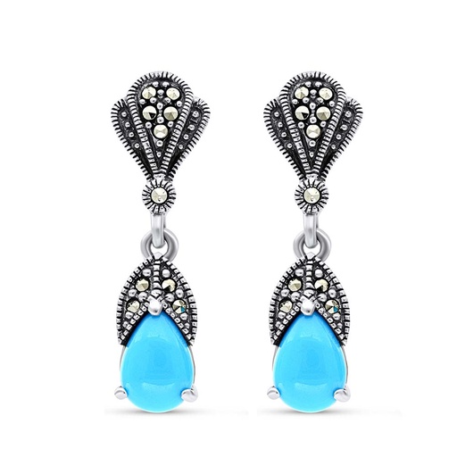 [EAR04MAR00TRQA287] Sterling Silver 925 Earring Embedded With Natural Processed Turquoise And Marcasite Stones