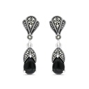 Sterling Silver 925 Earring Embedded With Natural Black Agate And Marcasite Stones