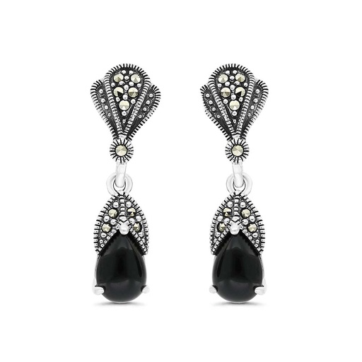 [EAR04MAR00ONXA287] Sterling Silver 925 Earring Embedded With Natural Black Agate And Marcasite Stones