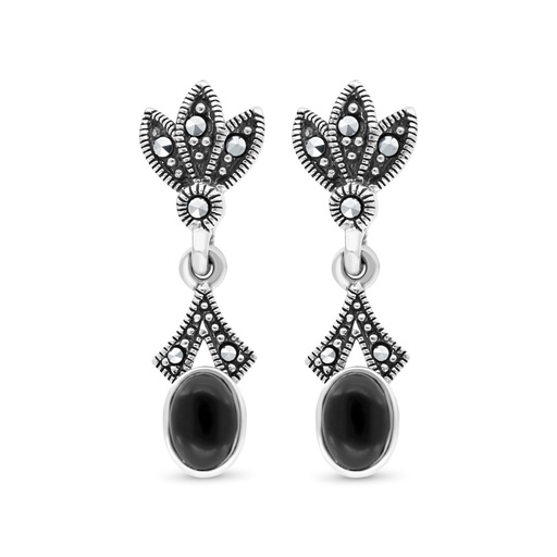 [EAR04MAR00ONXA288] Sterling Silver 925 Earring Embedded With Natural Black Agate And Marcasite Stones