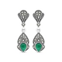 Sterling Silver 925 Earring Embedded With Natural Green Agate And Marcasite Stones