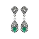 Sterling Silver 925 Earring Embedded With Natural Green Agate And Marcasite Stones