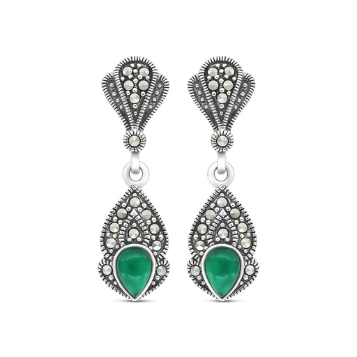 [EAR04MAR00GAGA289] Sterling Silver 925 Earring Embedded With Natural Green Agate And Marcasite Stones
