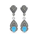 Sterling Silver 925 Earring Embedded With Natural Processed Turquoise And Marcasite Stones