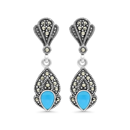[EAR04MAR00TRQA289] Sterling Silver 925 Earring Embedded With Natural Processed Turquoise And Marcasite Stones
