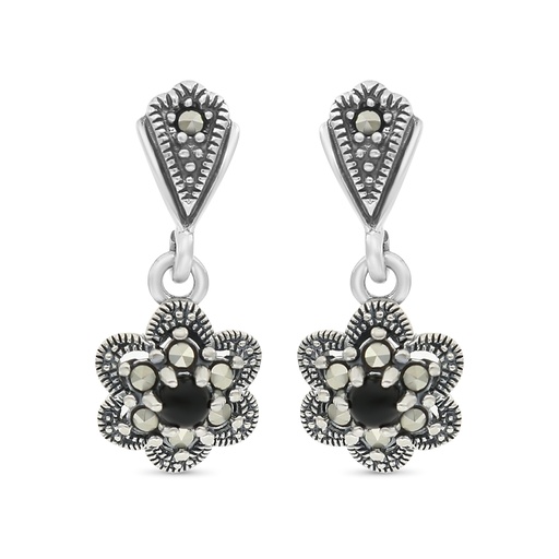 [EAR04MAR00ONXA473] Sterling Silver 925 Earring Embedded With Natural Black Agate And Marcasite Stones