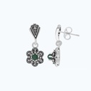 Sterling Silver 925 Earring Embedded With Natural Green Agate And Marcasite Stones