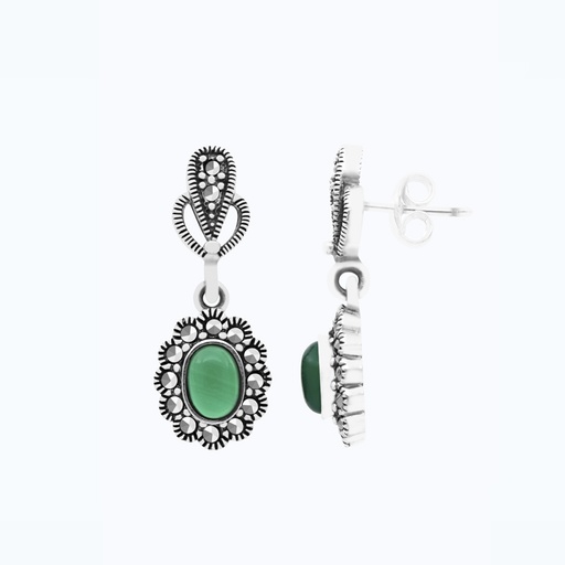 [EAR04MAR00GAGA474] Sterling Silver 925 Earring Embedded With Natural Green Agate And Marcasite Stones
