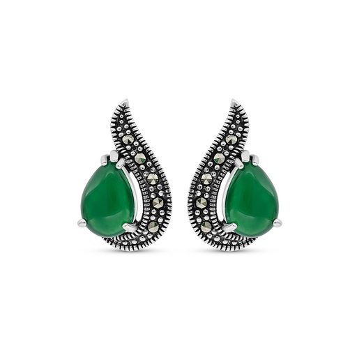 [EAR04MAR00GAGA291] Sterling Silver 925 Earring Embedded With Natural Green Agate And Marcasite Stones