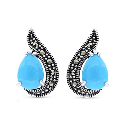 [EAR04MAR00TRQA291] Sterling Silver 925 Earring Embedded With Natural Processed Turquoise And Marcasite Stones