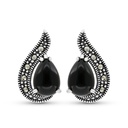 Sterling Silver 925 Earring Embedded With Natural Black Agate And Marcasite Stones