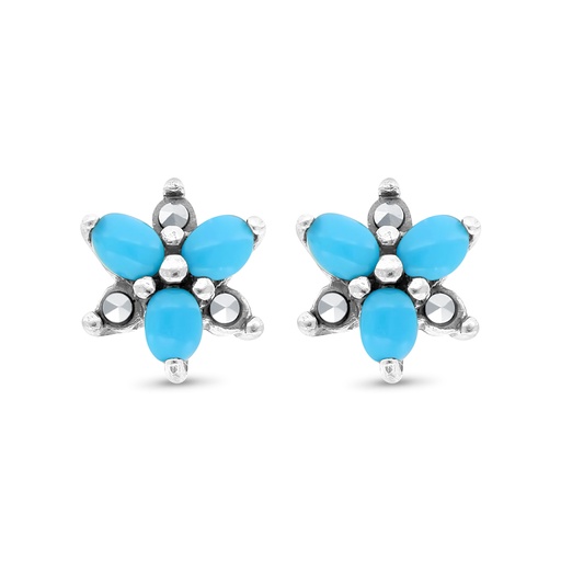[EAR04MAR00TRQA475] Sterling Silver 925 Earring Embedded With Natural Processed Turquoise And Marcasite Stones