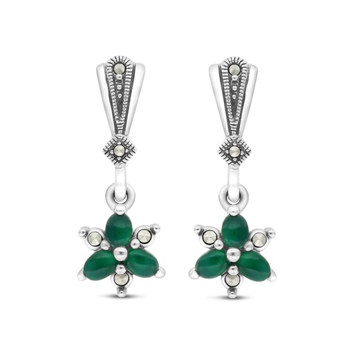 [EAR04MAR00GAGA292] Sterling Silver 925 Earring Embedded With Natural Green Agate And Marcasite Stones